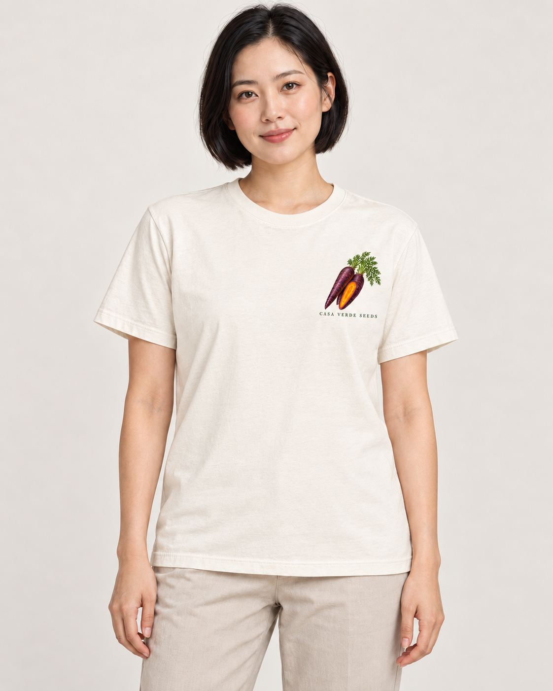 Vegetables Botanical T-Shirt — Front shown on a model. Illustrative garment preview; final fit and print placement may vary.