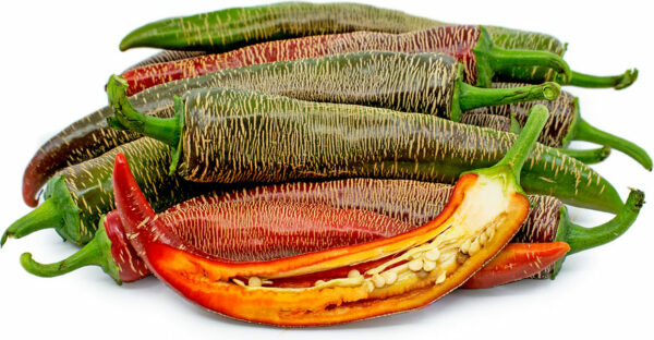 Various types of Vezenka peppers on a white background