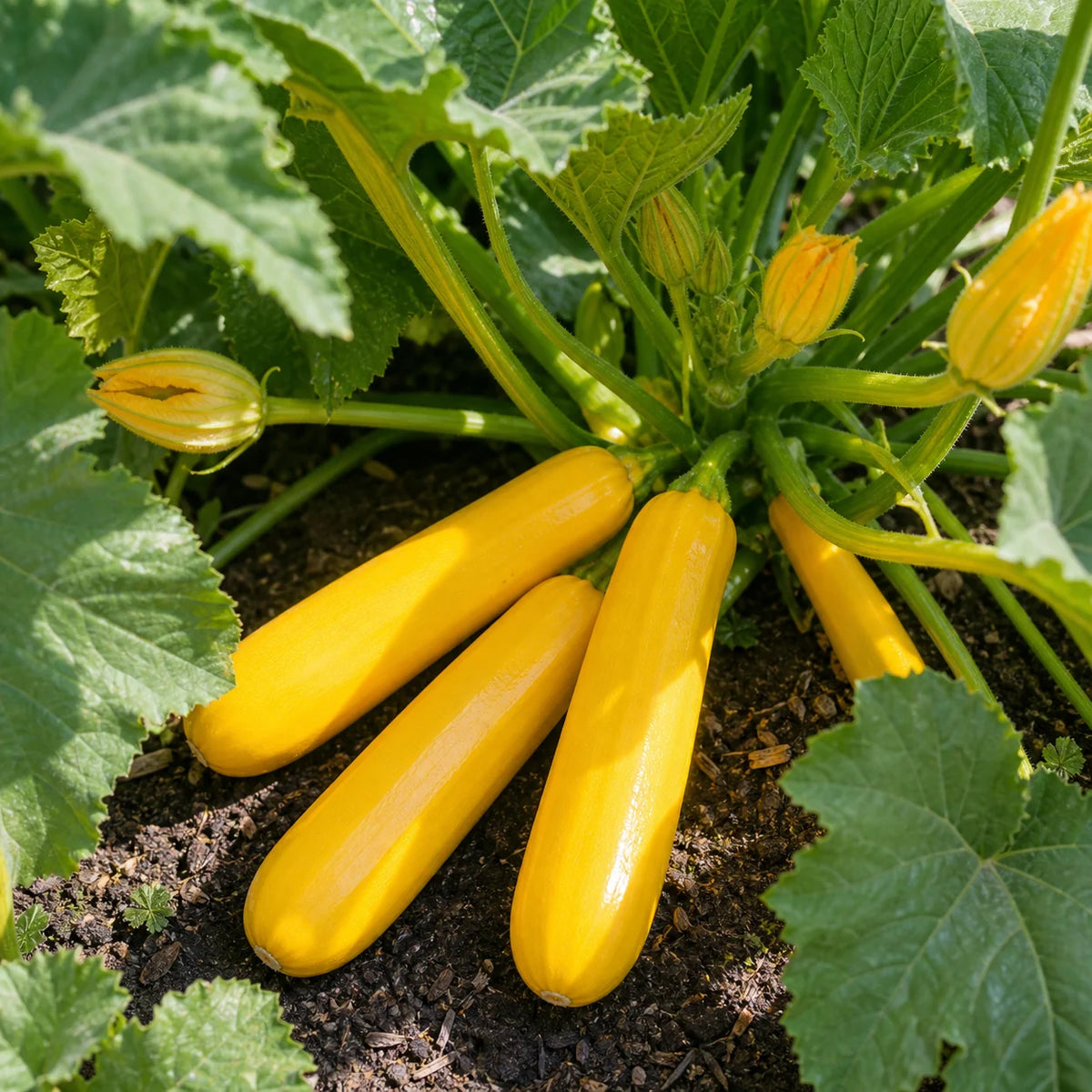 Yellowfin F1 Organic summer squash growing on bush plants with yellow blossoms