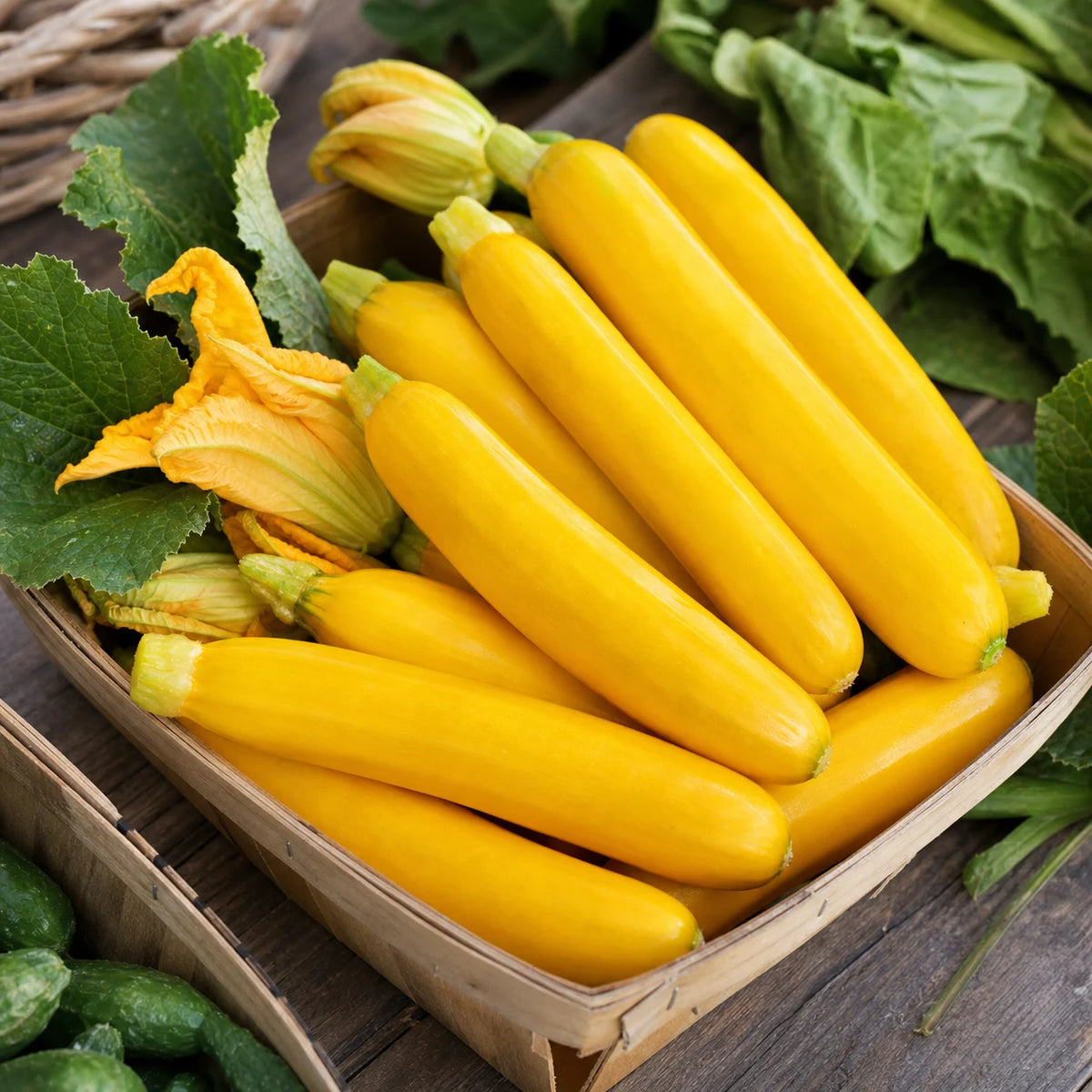 Yellowfin F1 Organic summer squash in a harvest basket with blossoms