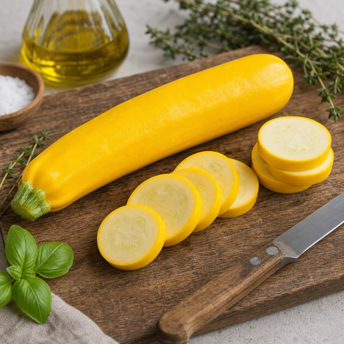 Yellowfin F1 Organic yellow summer squash sliced on a kitchen cutting board