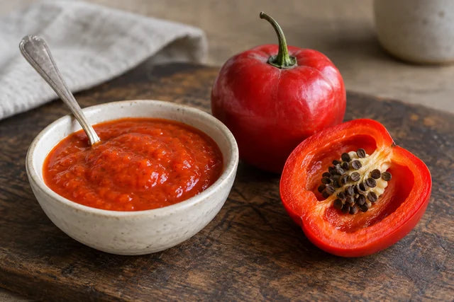 Culinary illustration of red-orange Rocoto pepper sauce beside a whole red pepper and a cut half showing dark seeds