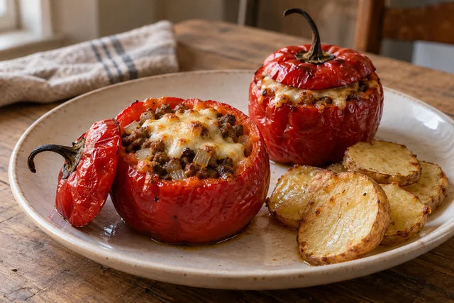 Culinary illustration of red Rocoto peppers stuffed with minced beef and melted cheese, served with baked potato slices